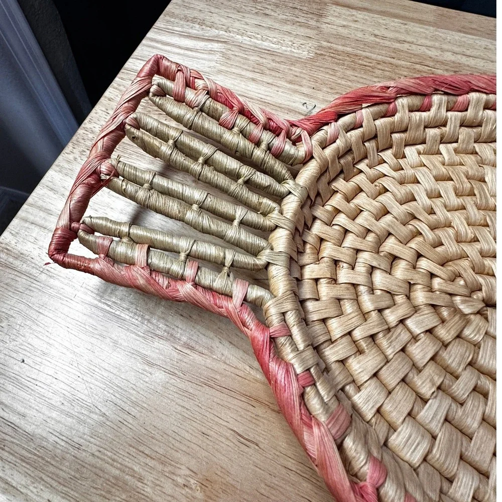 Vintage Woven Straw Fish Tray Pink Tan Black Coastal Boho Wall Decor 22 Inch